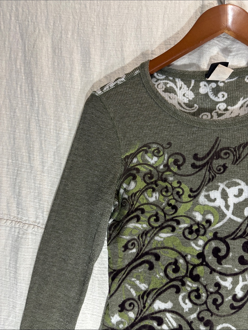 Women's Olive Green Waffle knit Long Sleeve Tunic Top Swirl Print Vintage Y2K - Picture 5 of 13